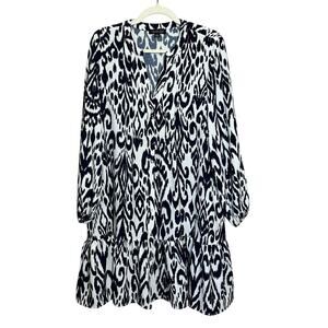 Rachel Zoe Dress Extra Large Navy Ikat Long Sleeve V Neck Ruffle Hem Tiered
